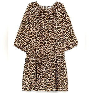 H&M Leopard Drop Waist Puff Sleeve Dress Size S